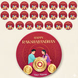 Red circular raksha bandhan greeting card with illustrated traditional figures and golden decorative elements for festive gifts