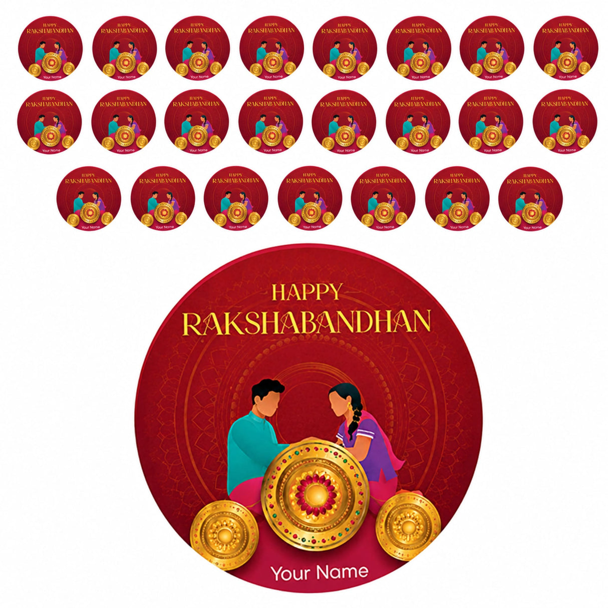 Red circular raksha bandhan sticker with cartoon illustration and golden accents for personalized festive gift boxes
