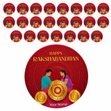 Red circular raksha bandhan sticker with cartoon illustration and golden accents for personalized festive gift boxes