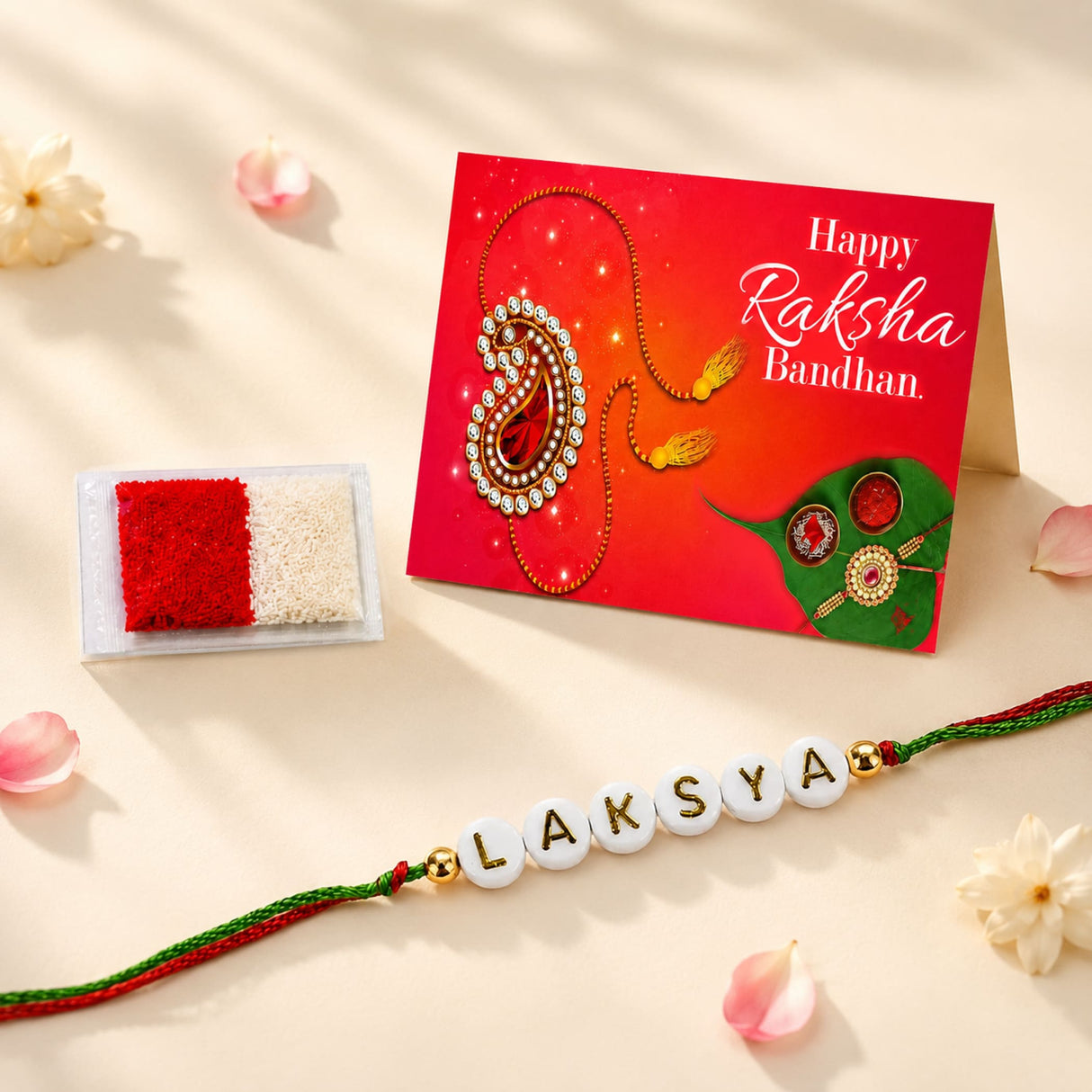 Personalized white bead designer rakhi with gold lettering laksya and red green braided cord for brother and bhabhi