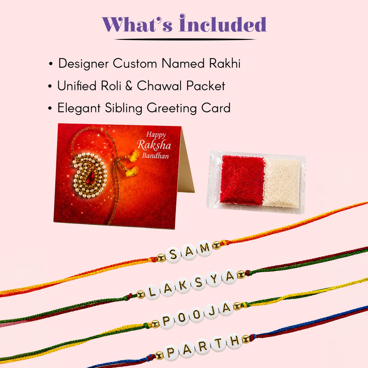 Designer custom named rakhi with colorful threads and white beads spelling names for brother and bhabhi gift