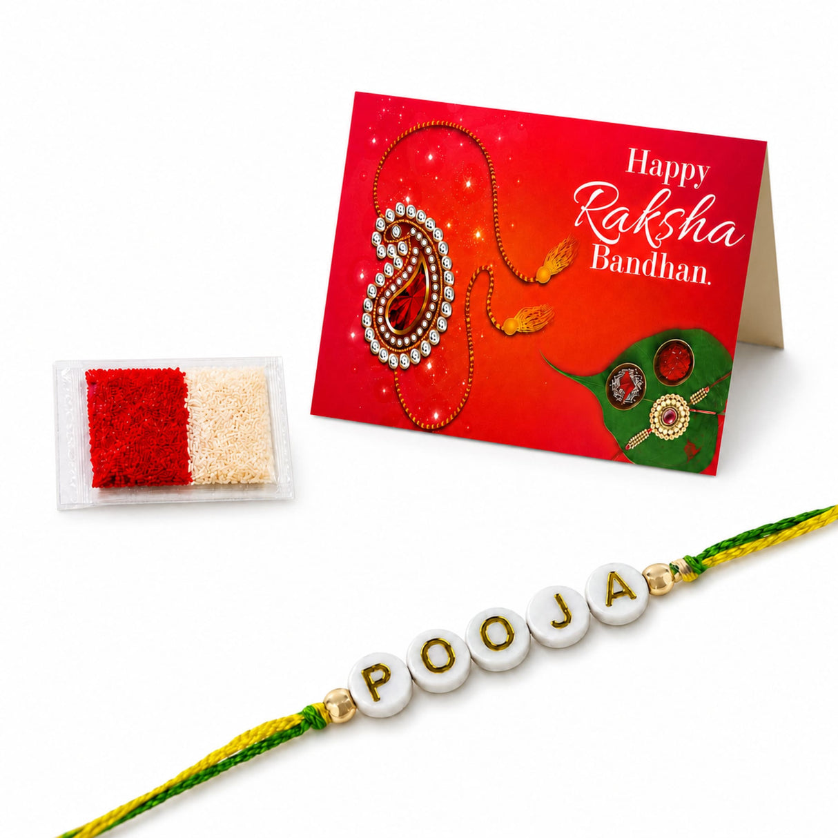 Designer custom named white beaded rakhi with gold lettering and green yellow thread for brother and bhabhi protection gift
