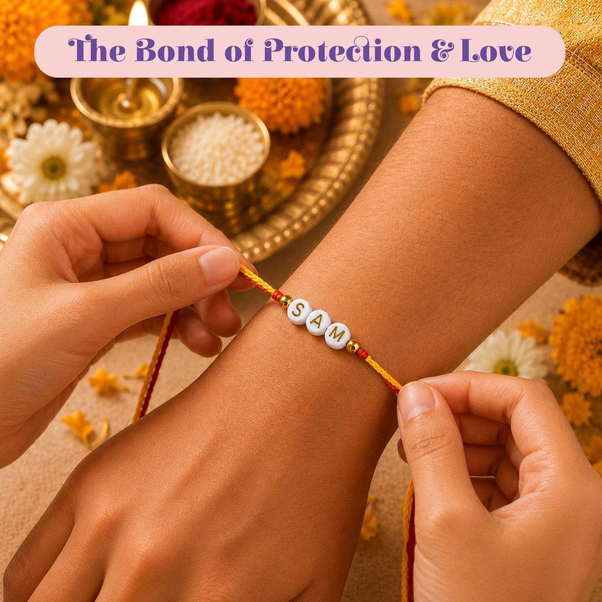 A personalized yellow and red string rakhi with white beads spelling sam placed on wrist for protection and good luck