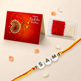 A personalized white bead rakhi with gold lettering sam and golden beads on red and yellow thread for raksha bandhan