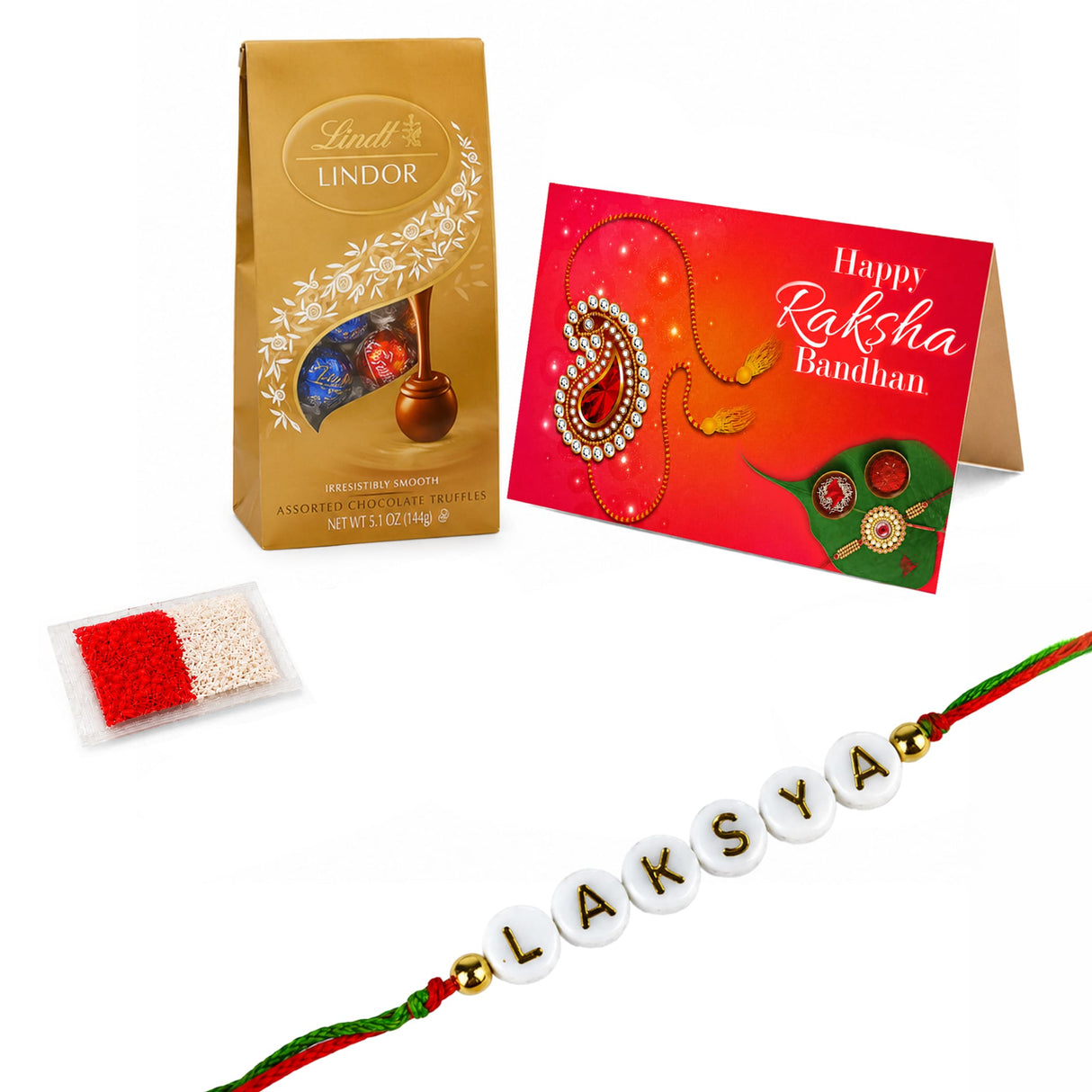 White beaded personalized name rakhi with gold lettering and red green thread for raksha bandhan gift set
