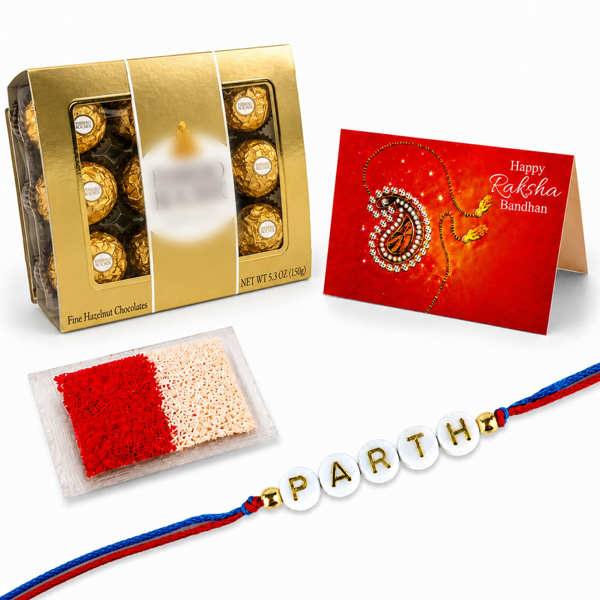 Gold-wrapped ferrero rocher chocolates in a golden box with personalized name rakhi for brother and bhabhi gift set