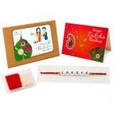 Personalized red and green raksha bandhan gift set with paisley rakhi gold accents laksya bead bracelet and festive cards