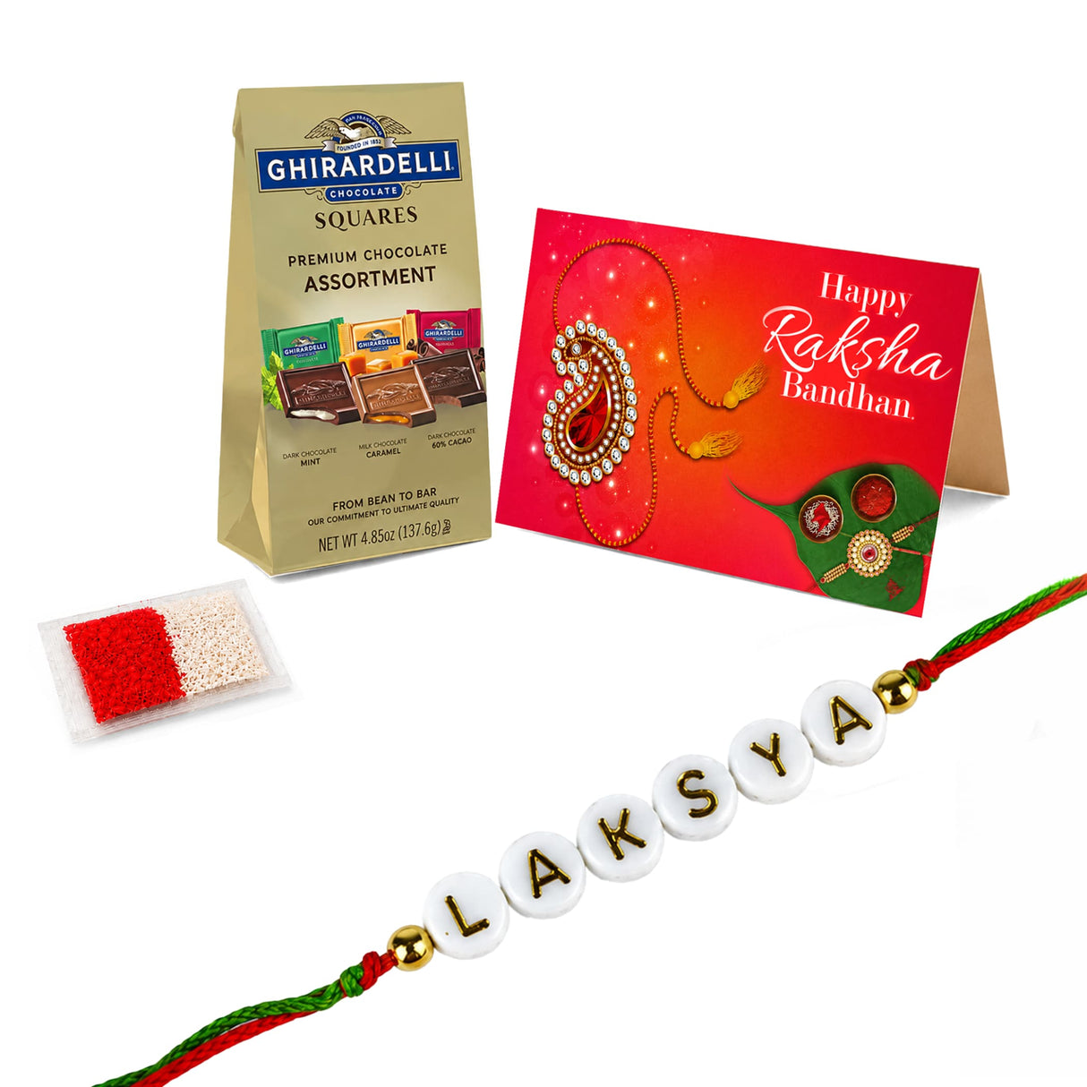 Personalized white beaded rakhi with gold lettering and red green thread for brother raksha bandhan gift with greeting card