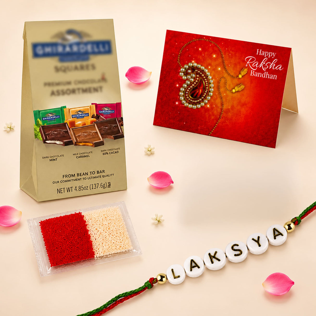 Personalized name rakhi for brother and bhabhi with white bead gold accents and green red thread for raksha bandhan