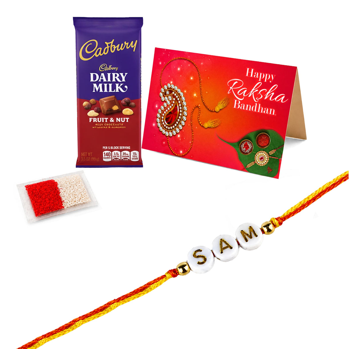 Personalized name bead rakhi with white beads gold accents and red yellow thread for raksha bandhan gift