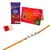 Personalized name bead rakhi with white beads gold accents and red yellow thread for raksha bandhan gift