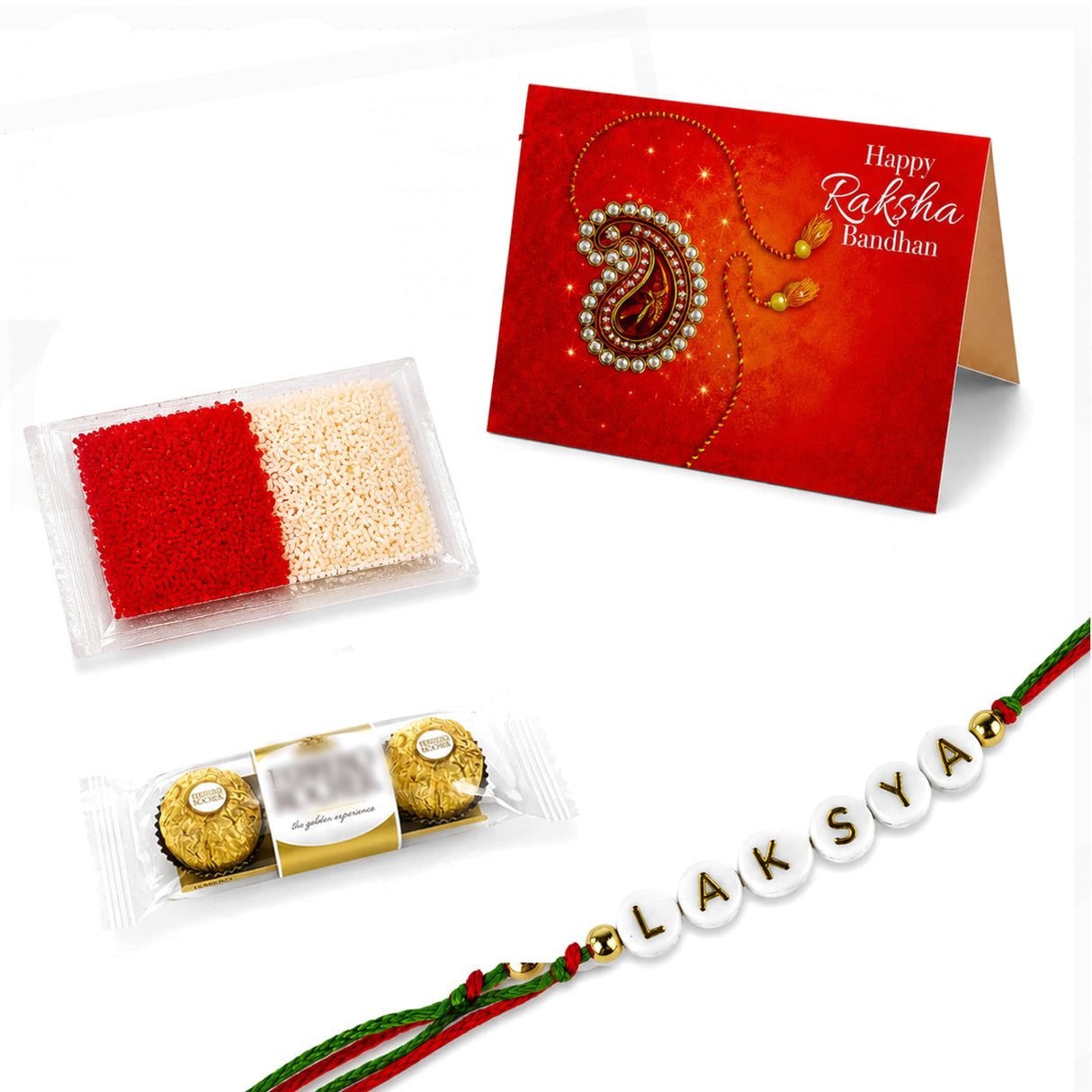 Personalized name rakhi for brother and bhabhi with white beads, red and green braided cords, and gold-colored beads