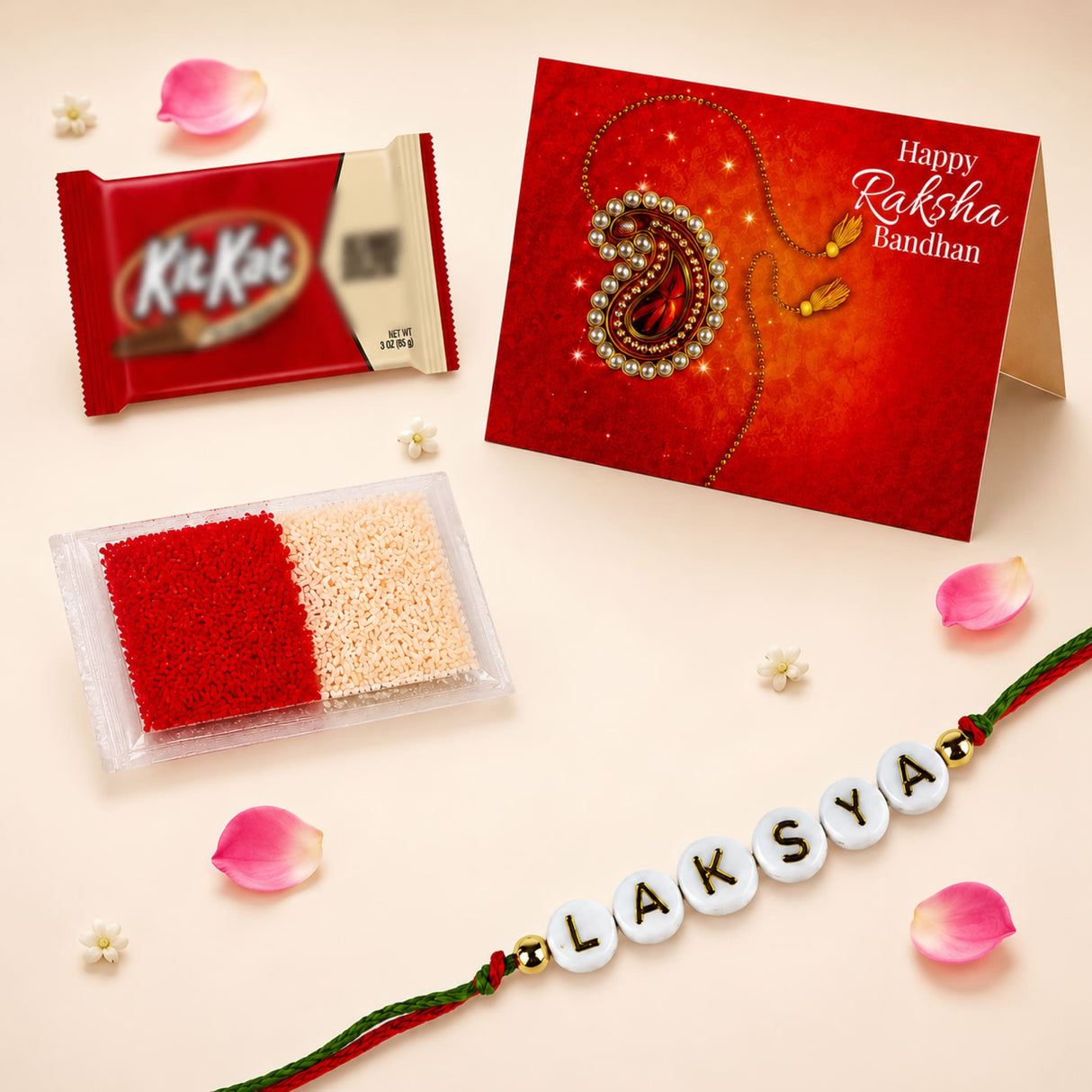 Personalized name rakhi for brother and bhabhi with white beads red and green threads and gold laksya beads for protection