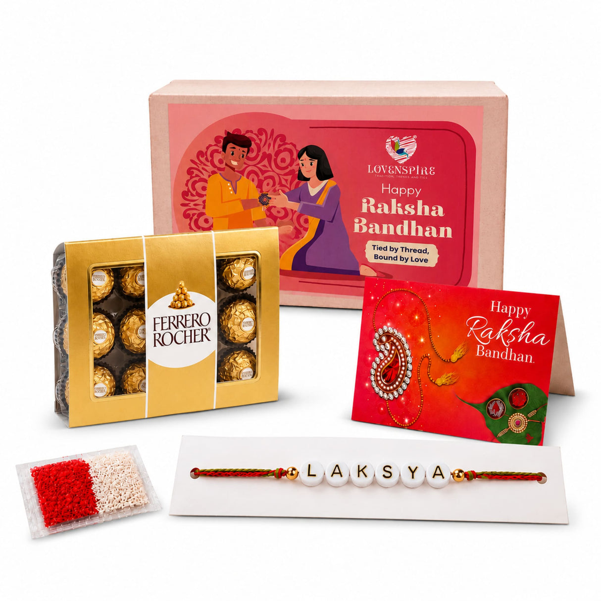 A personalized red and gold rakhi with white beads spelling lakshya on a display card for raksha bandhan gift