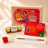 Personalized red and gold ornate rakhi with white beads spelling laksya on red thread for raksha bandhan gift