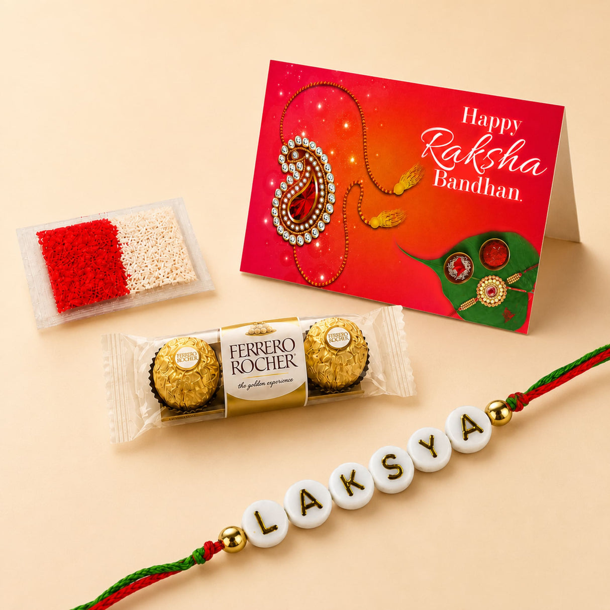 Personalized name bead rakhi with white beads red and green thread gold-colored beads for raksha bandhan gift