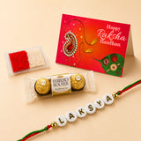 Personalized name bead rakhi with white beads red and green thread gold-colored beads for raksha bandhan gift