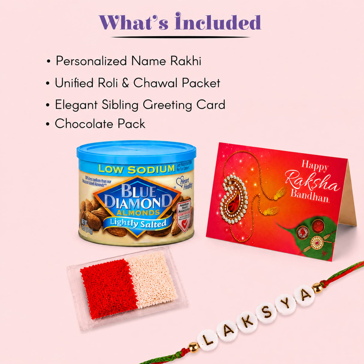 Blue diamond lightly salted almonds in a cylindrical can with blue lid and gold accents included in personalized name bead rakhi gift set