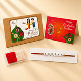 Personalized name bead rakhi with white beads and red and gold thread for brother raksha bandhan gift
