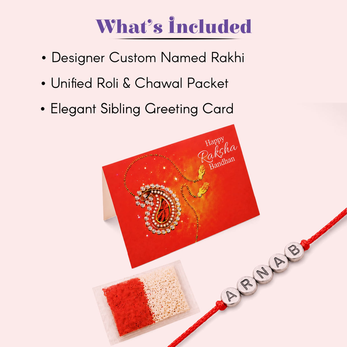 Designer custom named red and gold embellished rakhi with silver beads spelling arnab on red thread for raksha bandhan gift