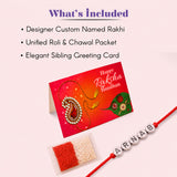 Designer custom named rakhi with red and gold beads and silver letter beads spelling arnab on red thread for protection and luck