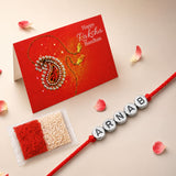 Red braided string rakhi with silver beads spelling arnab for brother and bhabhi traditional handmade protection bracelet