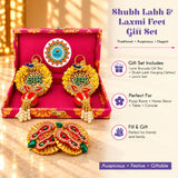 Decorative golden shubh labh and laxmi feet hangings with red green and white embellishments in diwali gift hamper