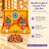 Personalized diwali gifts hamper with red and gold embroidered shubh labh laxmi feet hanging ornaments and beaded tassels