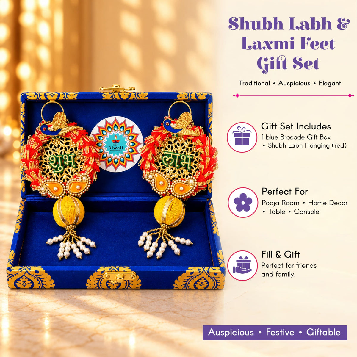 Personalized diwali gifts hamper with blue brocade box containing red gold shubh labh and laxmi feet decorations