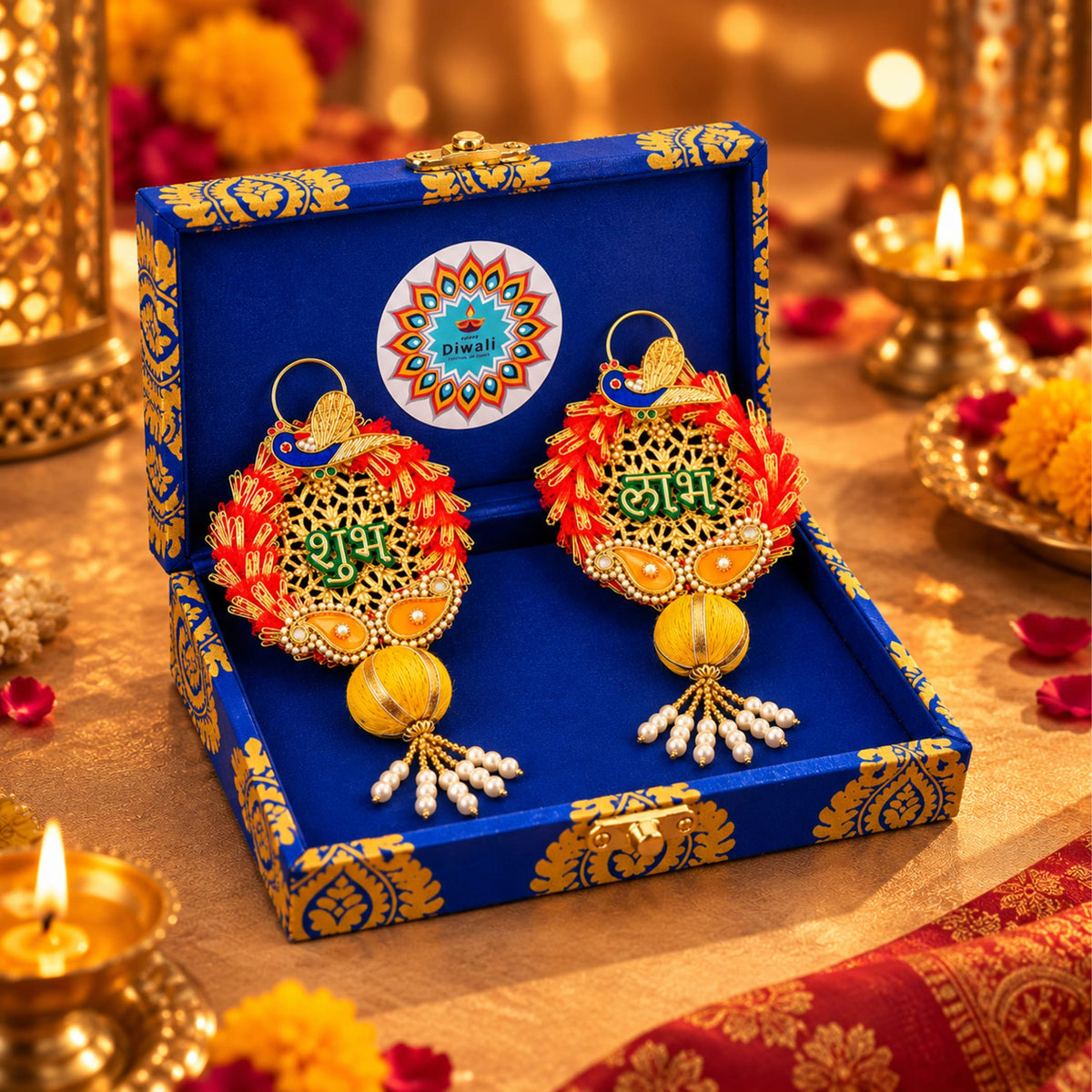 A pair of gold-toned diwali-themed earrings with intricate peacock designs red orange embellishments and shubh labh lettering
