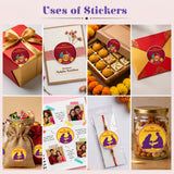 Circular yellow adhesive sticker with purple silhouette and happy raksha bandhan text for personalized gift boxes