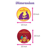 24 pcs custom name happy raksha bandhan round stickers with purple boy and girl silhouettes on yellow and red backgrounds