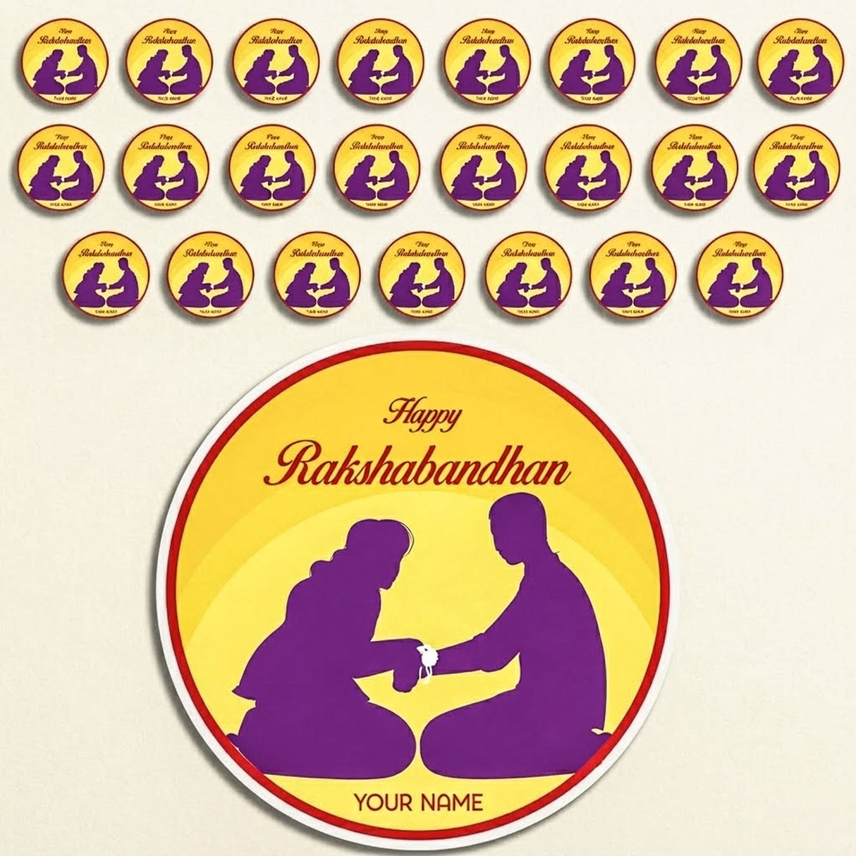 Purple silhouette custom name happy raksha bandhan round stickers with festive wristband exchange on yellow background