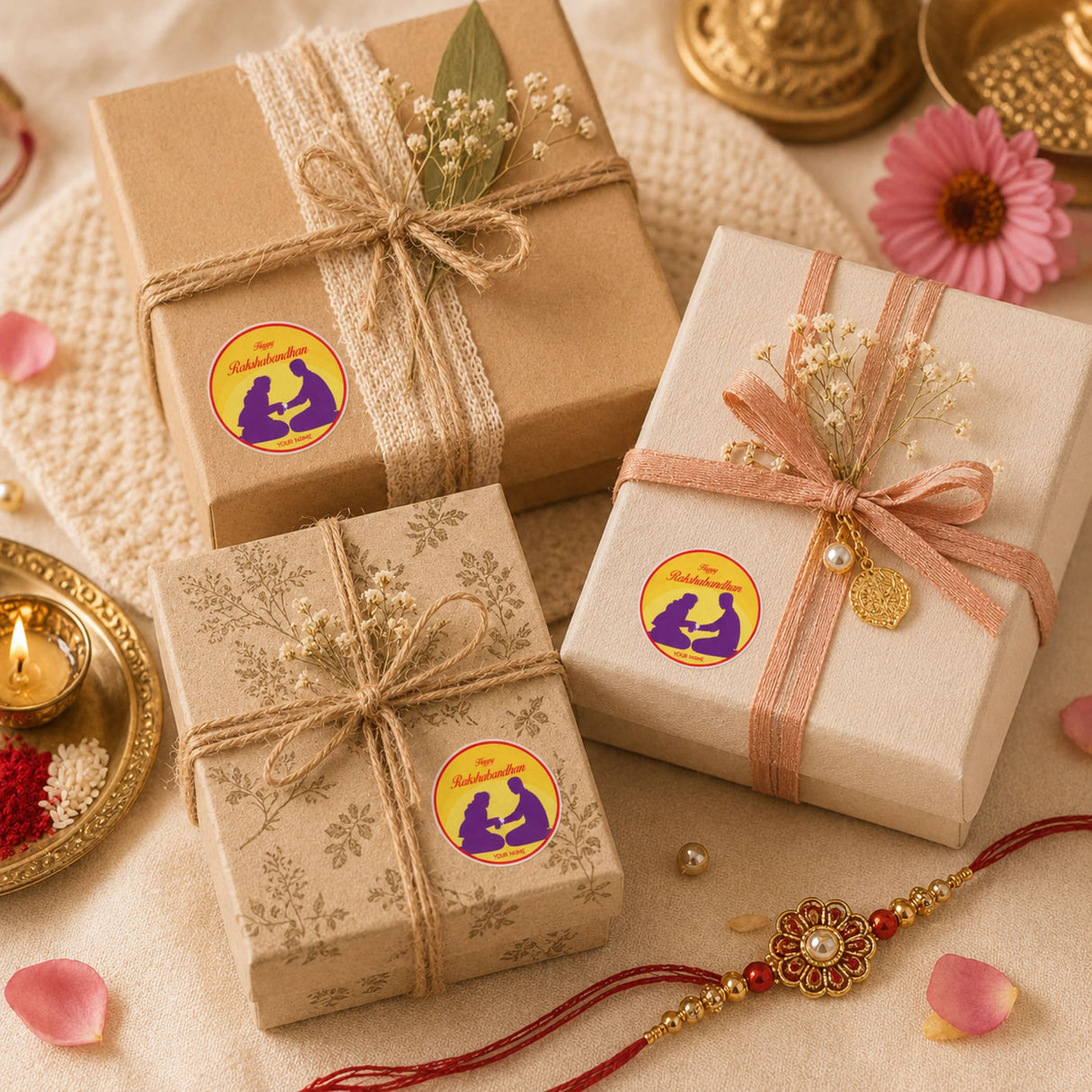Three kraft paper gift boxes decorated with rustic twine bows and happy raksha bandhan round stickers