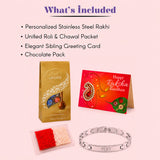 Personalized stainless steel name rakhi bracelet with sleek interlocking links and custom engraved text for brother
