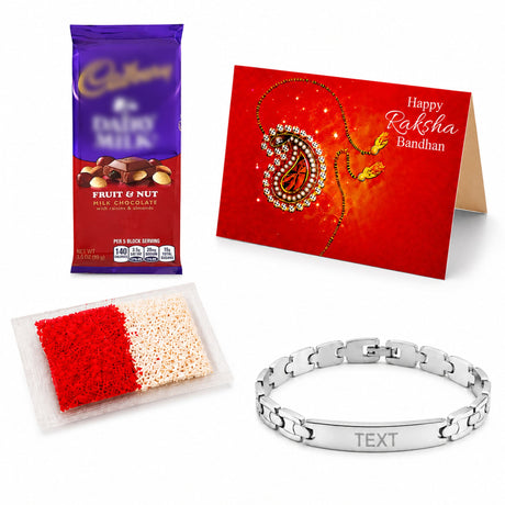Silver stainless steel bracelet with interlocking links and customizable engraved bar for raksha bandhan gift