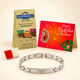Personalized stainless steel silver-toned name rakhi bracelet with sleek interlocking links for Raksha Bandhan gift