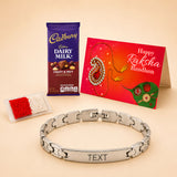 Silver-toned personalized stainless steel name rakhi bracelet with interlocking chain and engraved central bar for brother
