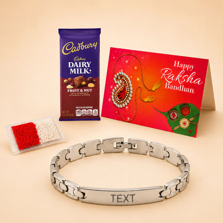 Silver-toned personalized stainless steel name rakhi bracelet with interlocking chain and engraved central bar for brother