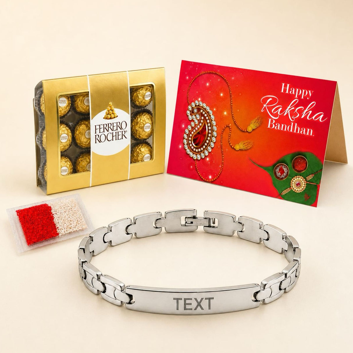 Silver-toned personalized stainless steel name rakhi bracelet with sleek interlocking links and engraved central plate for brother