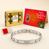 Silver-toned personalized stainless steel name rakhi bracelet with sleek interlocking links and engraved central plate for brother