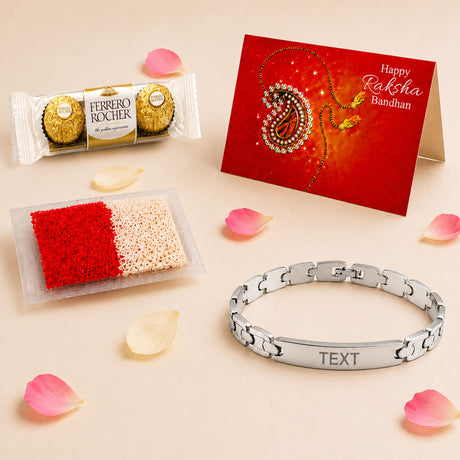Silver stainless steel rakhi bracelet with interlocking links and custom engraved bar for brother’s protection gift
