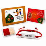 Red braided cord personalized stainless steel name rakhi bracelet with a silver engraved plate for raksha bandhan gift