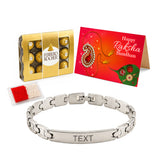 Personalized stainless steel name rakhi for brother with silver-toned sleek interlocking bracelet and engraved central plate