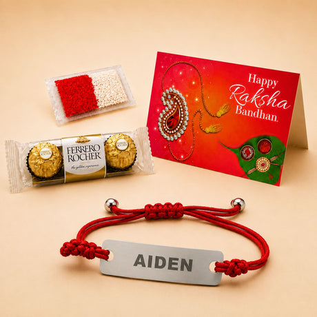 Personalized stainless steel name rakhi bracelet with red braided cord engraved with aiden for raksha bandhan gift