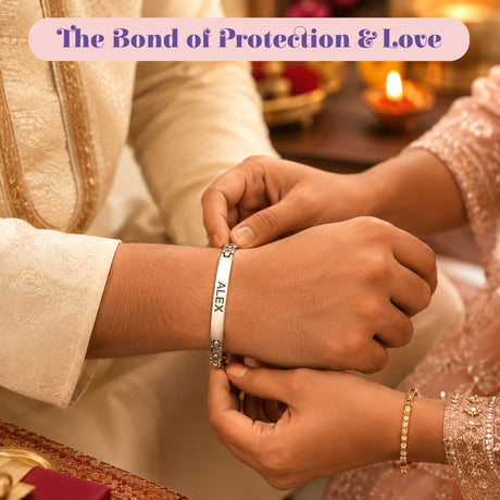 Silver personalized stainless steel rakhi bracelet with engraved name alex and modern design for brother raksha bandhan gift