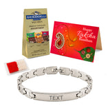Silver-toned stainless steel personalized name rakhi bracelet with sleek interlocking chain and engraved central plate for brother