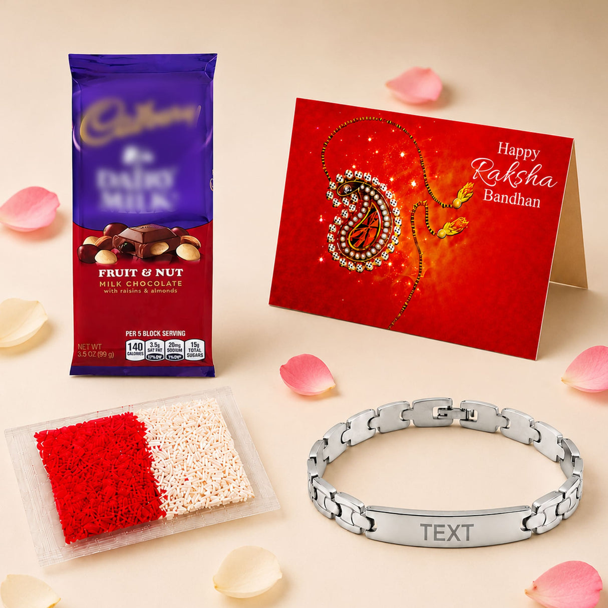 Silver stainless steel personalized rakhi bracelet with custom engraved name on central link for brother gift hamper