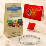 Personalized stainless steel rakhi bracelet in silver tone with sleek interlocking links and engraved name plate for brother