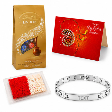 Silver stainless steel personalized rakhi bracelet with sleek interlocking links and engraved text bar for brother protection charm